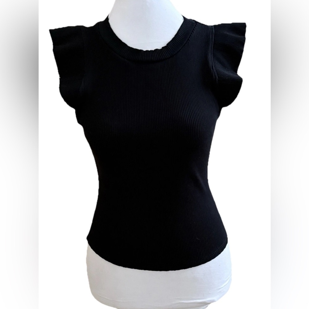 ALYA Black Ribbed Flutter Sleeve Fitted Knit Crop Top Size Large